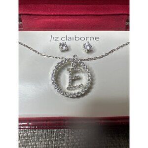 Liz Claiborne Red Croc Embossed Jewelry Box w/ E Initial Necklace & Earring Set